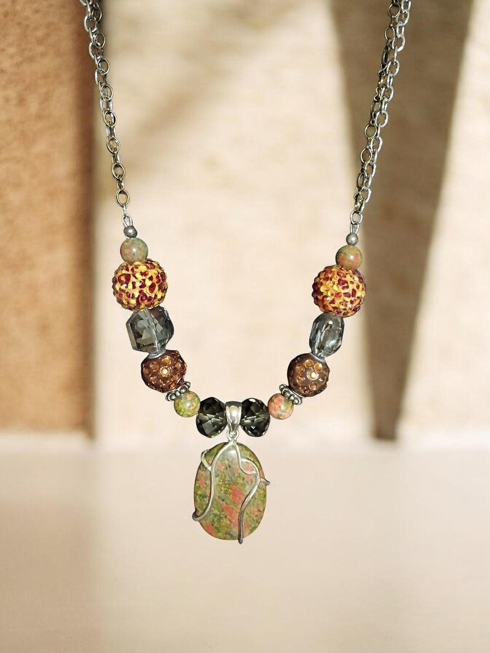 Handcrafted Unakite and Glass Bead Necklace - Green and Orange